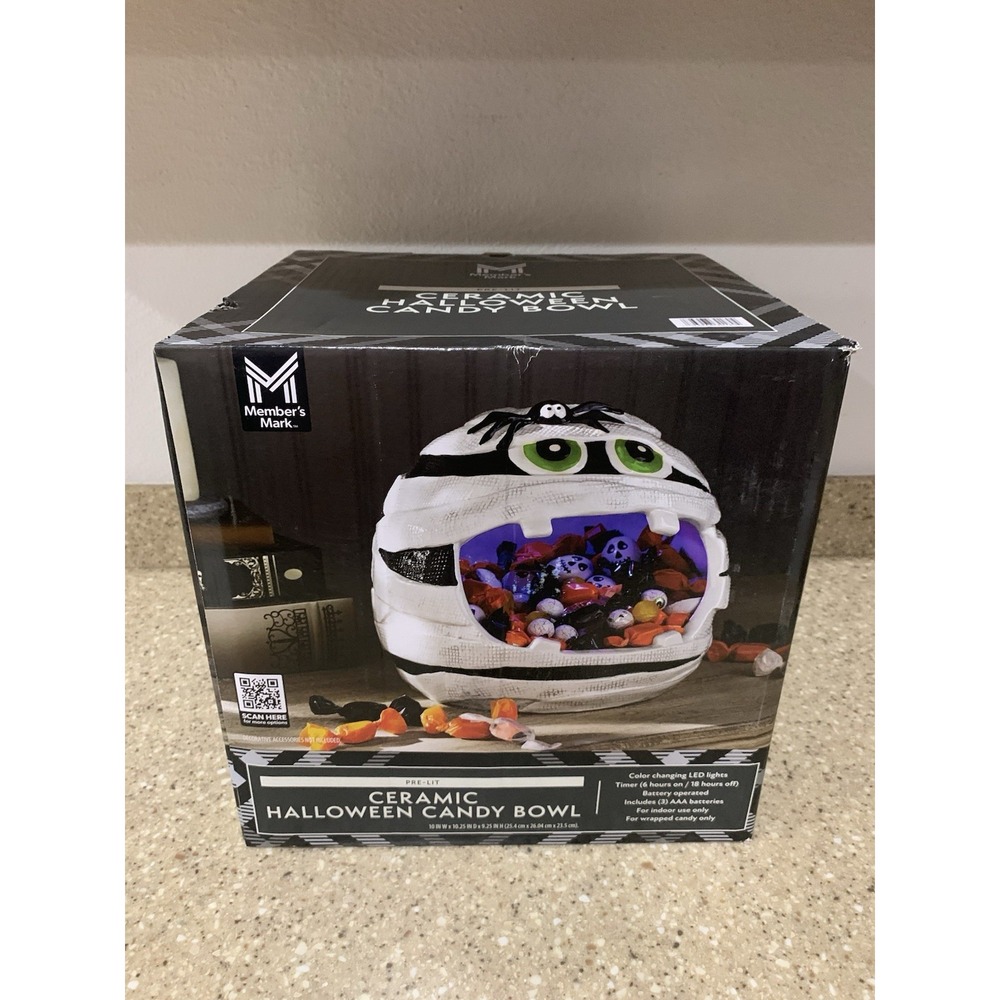 Member's Mark Pre-Lit Ceramic Halloween Candy Bowl Mummy Spider New In Box